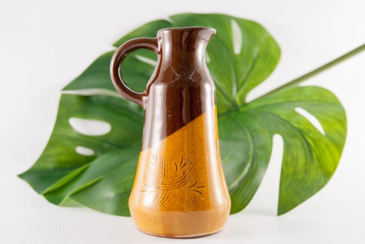 boho vase, ceramic pitcher, clay pitcher, ceramic jug, brown jug, yellow jug, polish pottery, brązowy dzbanek, Vintage Europe, vintage shop